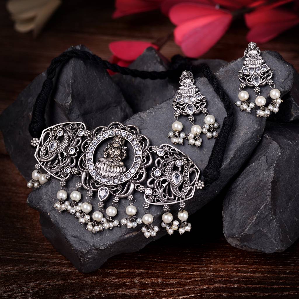 Oxidised Silver Toned Lakshmi Motif Antique Temple  Jewellery Set : SJNK1495