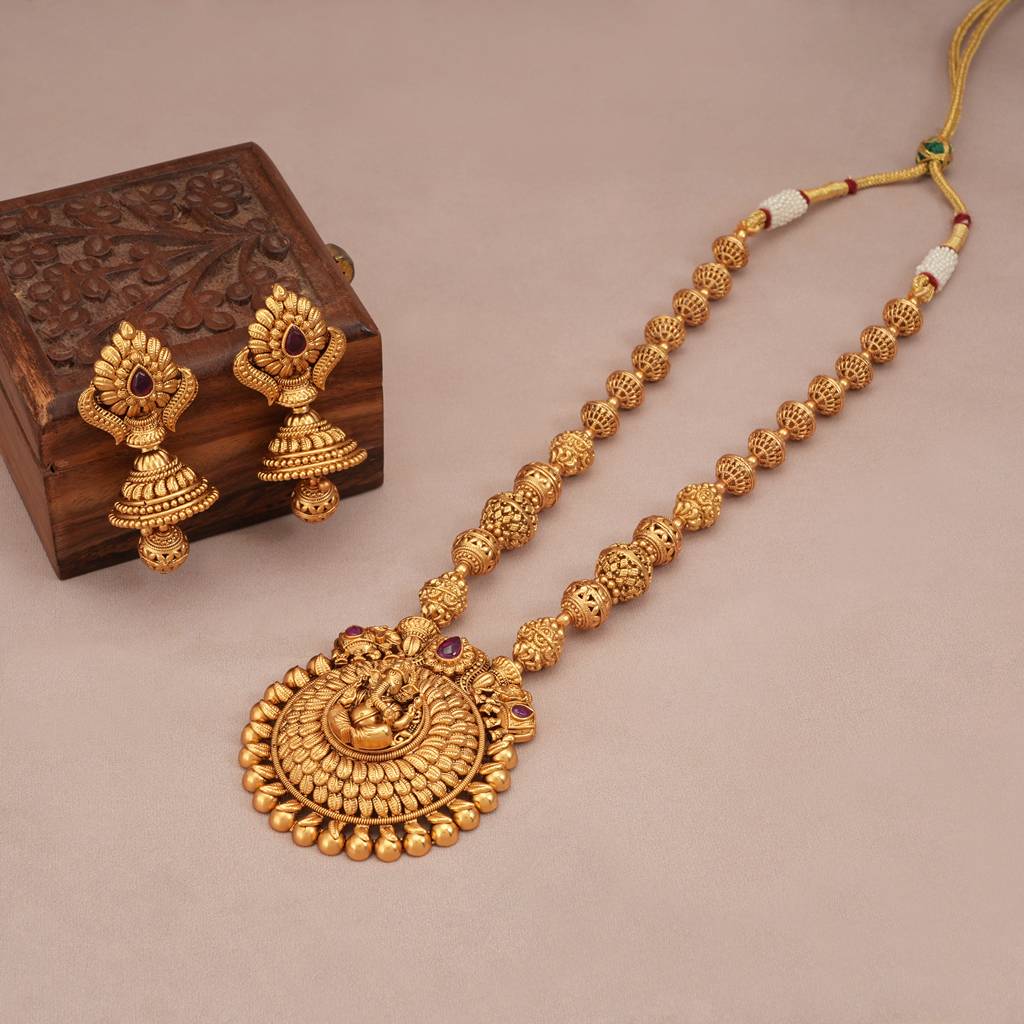 Auspicious Antique Gold Lord Ganesha Long Necklace Set : SJ195