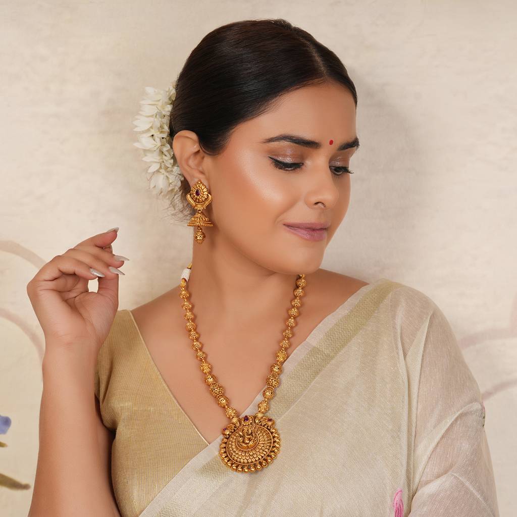 Auspicious Antique Gold Lord Ganesha Long Necklace Set : SJ195