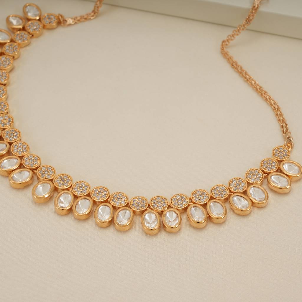 Stunning Gold Plated Single Line Kundan Necklace Set : SJ197