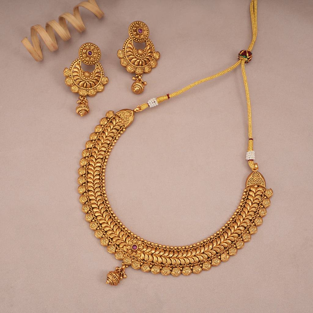 Amazing Plain Antique Gold Necklace Set With Earring : SJ198