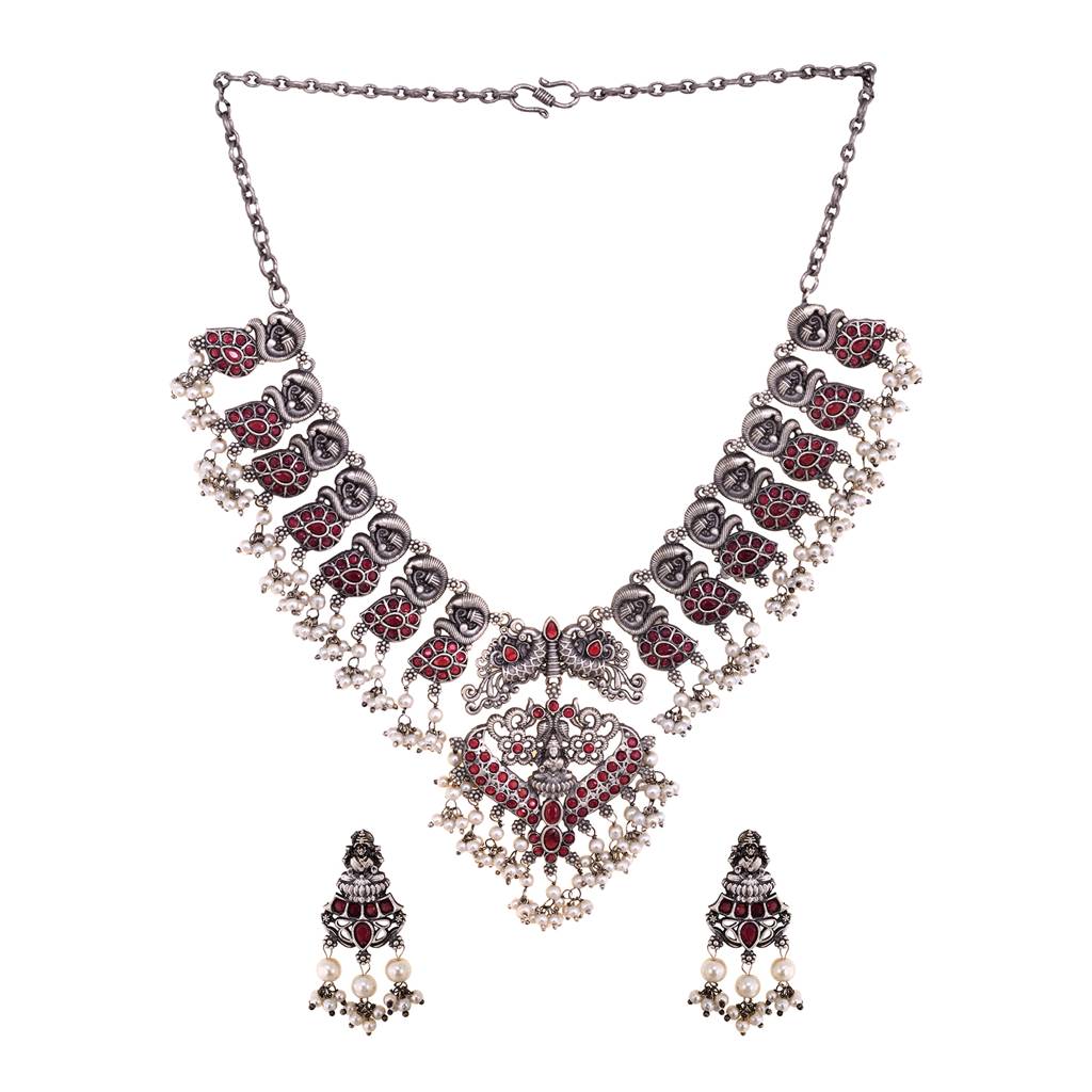 Oxidised Silver Toned Antique Temple Peacock Design Choker  Jewellery Set : SJNK1499