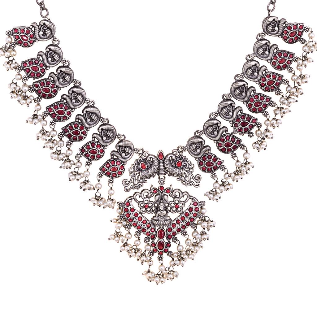 Oxidised Silver Toned Antique Temple Peacock Design Choker  Jewellery Set : SJNK1499