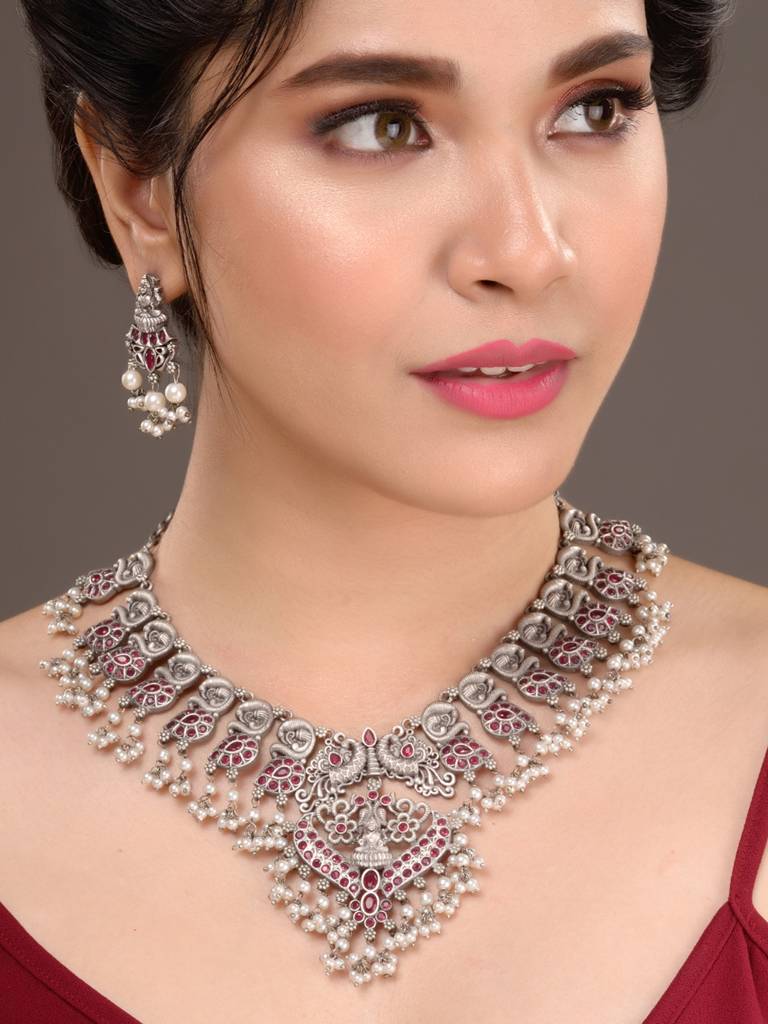Oxidised Silver Toned Antique Temple Peacock Design Choker  Jewellery Set : SJNK1499