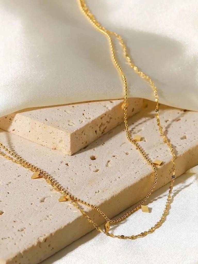 18Kt Gold Plated Double Layered Beaded Diamond Necklace, Mia : INMIA