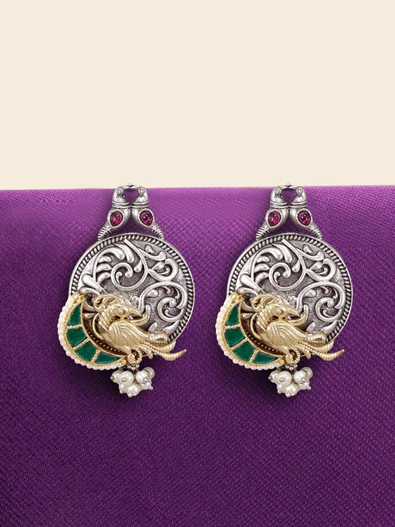 Oxidised Silver Peacock Drop Earrings : YI24A0134E