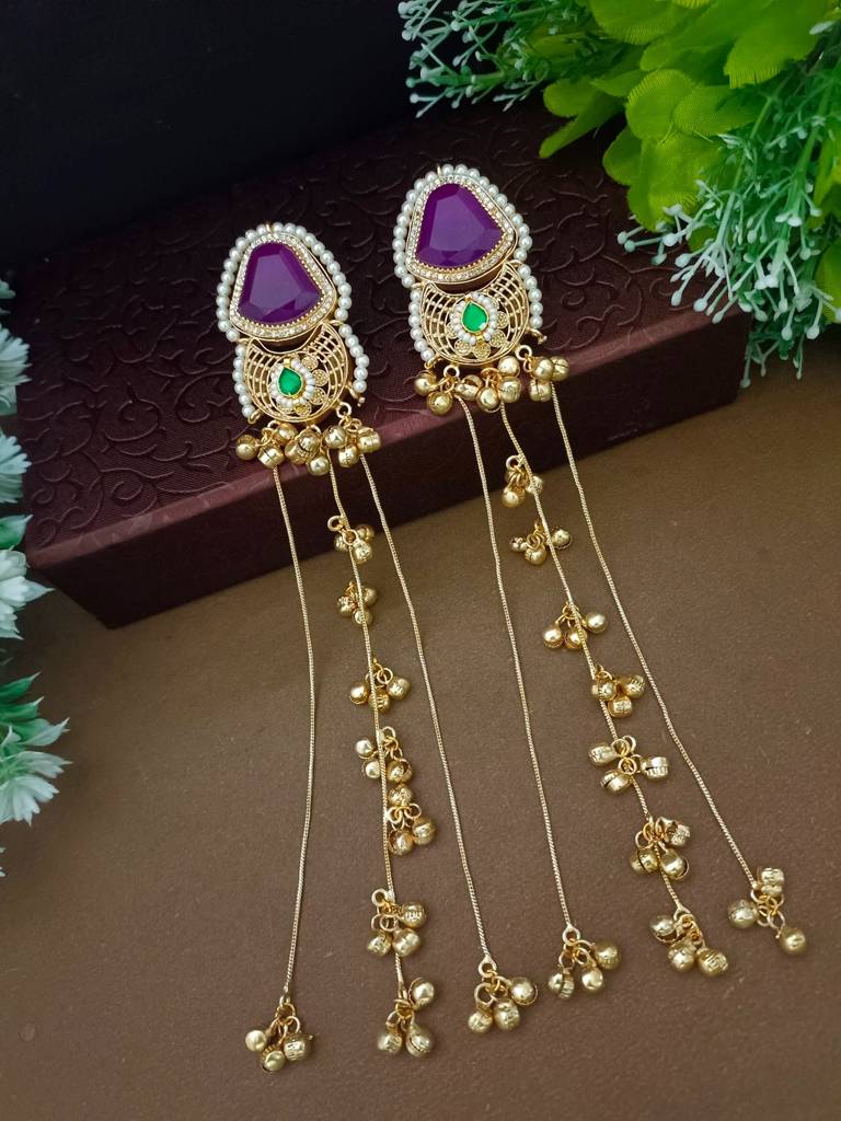 Brass-Plated Pachi Kundan Studded & Beaded Kashmiri Drop Earrings : VS105351