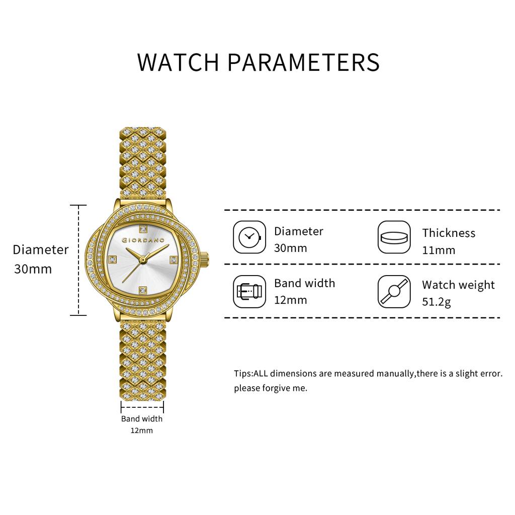 Giordano Luxury Crystal Watch For Women, Stainless Steel Strap, Diamond-Studded Bezel, Elegant Dress Timepiece : GZ-60120-11