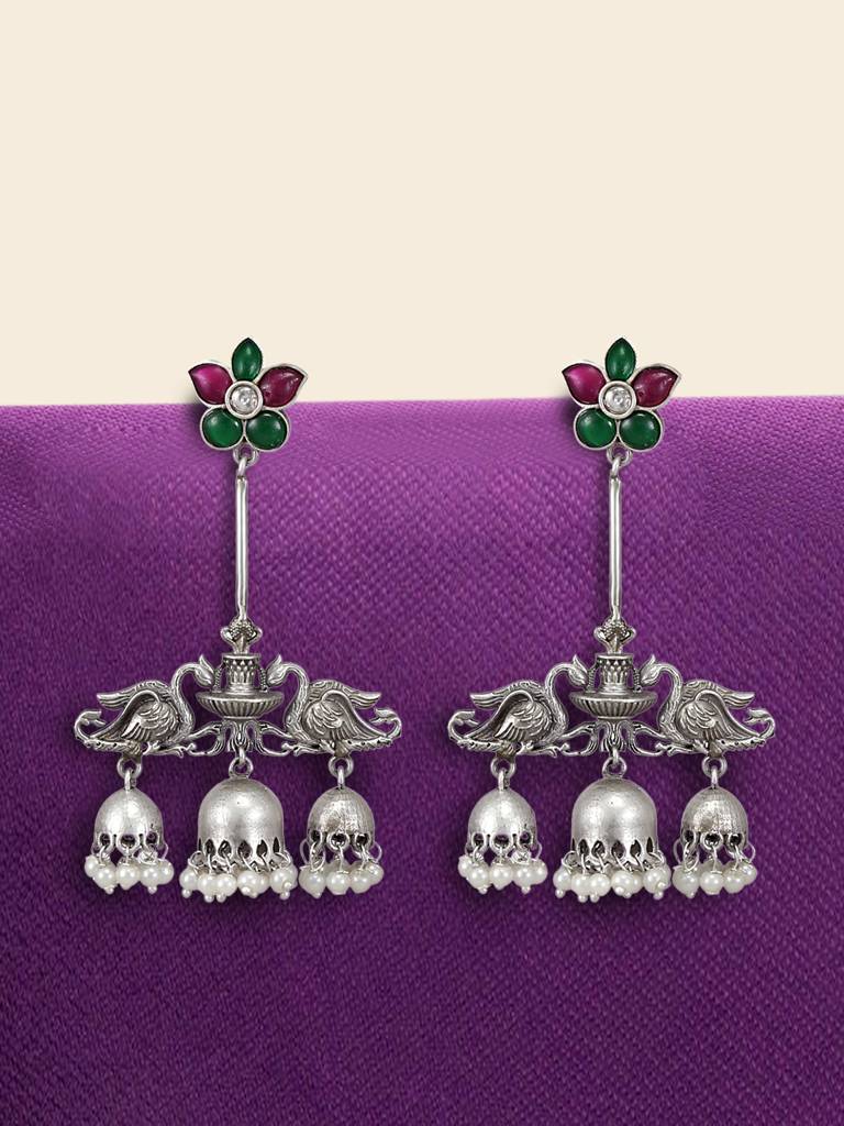 Silver Jhumka Earrings With Floral Accents : YI24A0127E