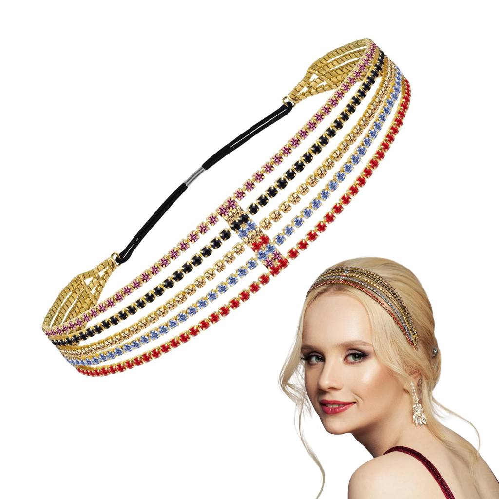 Multi-Color Rhinestone Headband For Women - 5 Row Rainbow Crystal Elastic Hair Band - Colorful Sparkling Diamo : M4SK-PT-MALTY