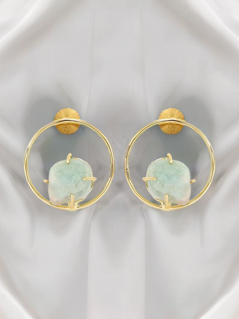 Gold Hoop Earrings With Aquamarine Stone Accent : YI24A0044E