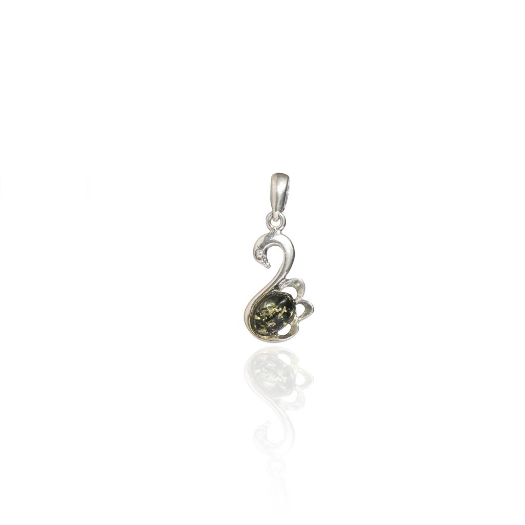 Green European Baltic Amber Swan Pendant In Sterling Silver : SIL-PEN-CAS-0018-GRE