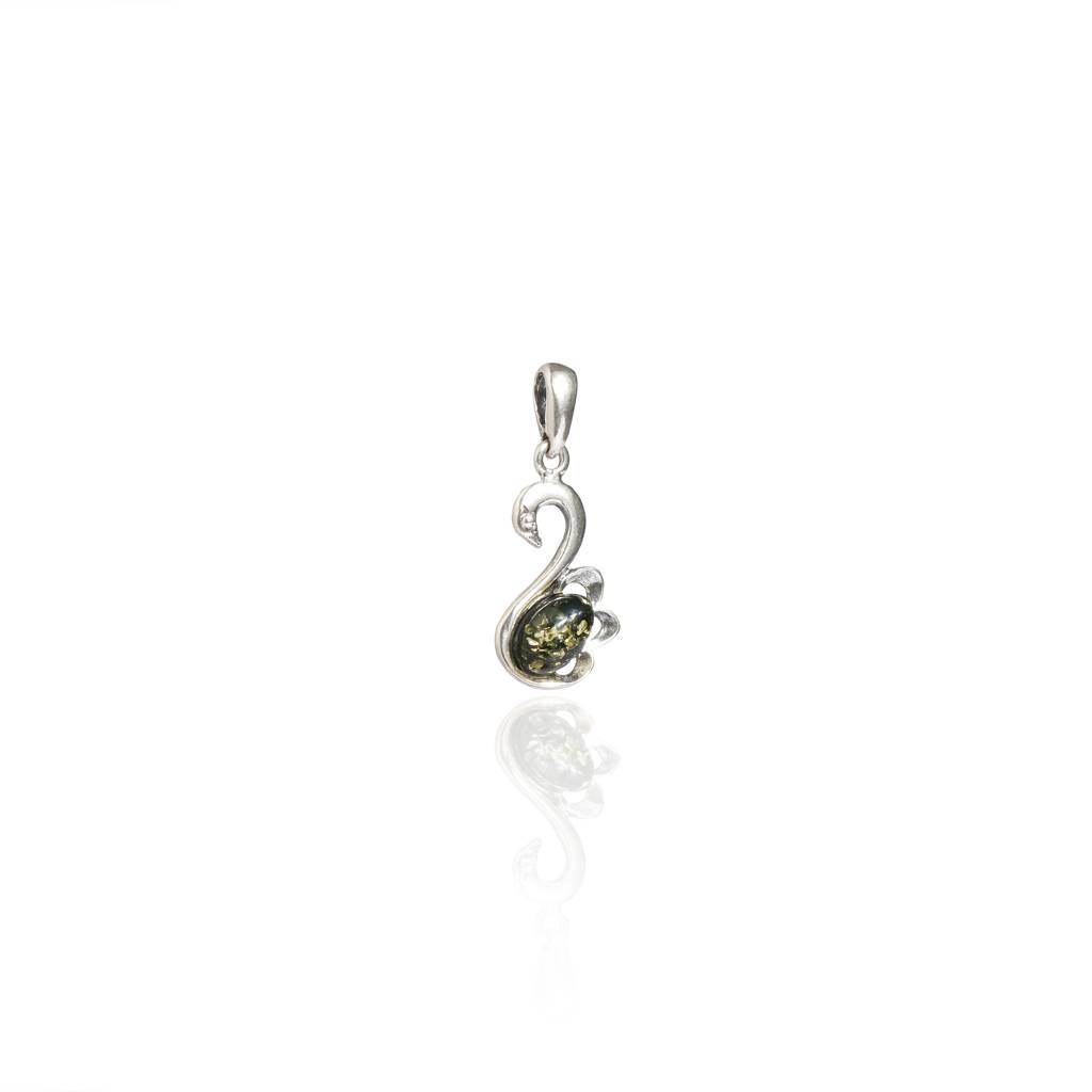 Green European Baltic Amber Swan Pendant In Sterling Silver : SIL-PEN-CAS-0018-GRE