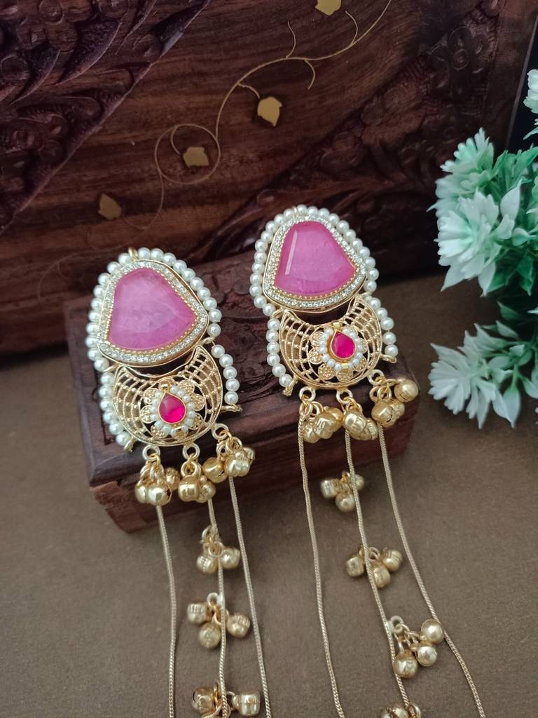 Brass-Plated Pachi Kundan Studded & Beaded Kashmiri Drop Earrings : VS105342