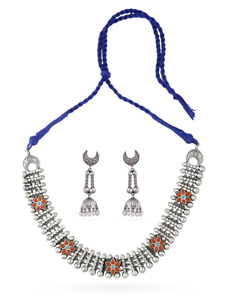 Oxidized Silver Choker Necklace Set : YI24A0066N