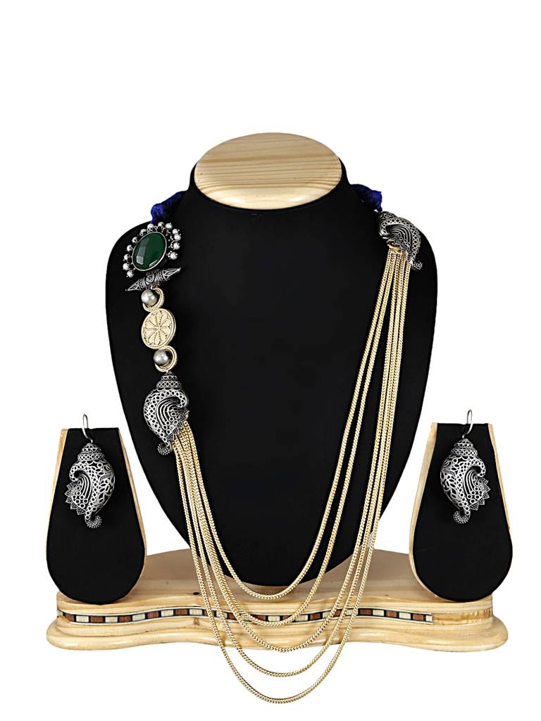 Multi-Layered Oxidised Silver Necklace Set : YI24A0072N