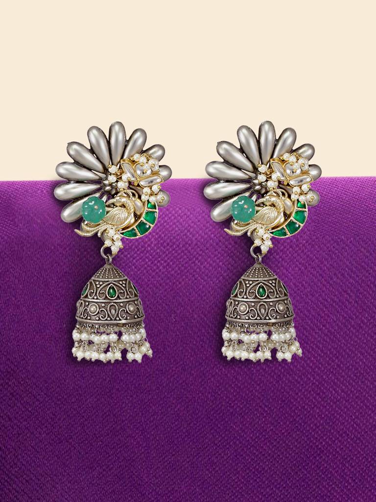 Oxidised Silver Peacock Design Jhumka Earrings : YI24A0141E