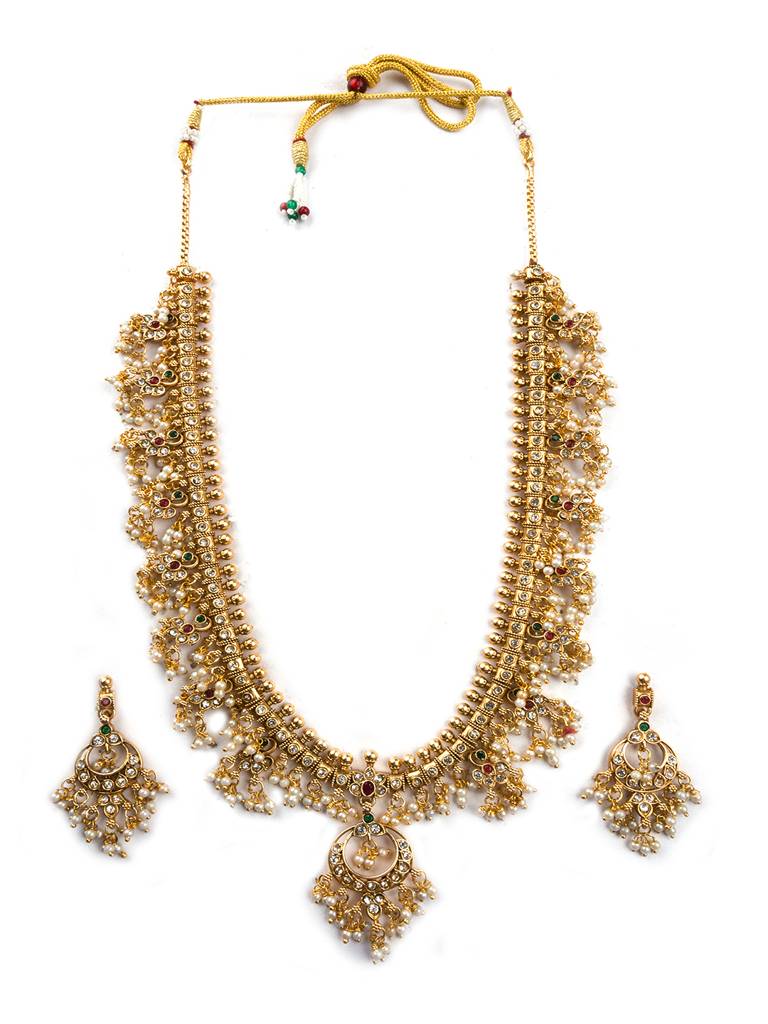 Gold Plated Bridal Guttapusallu Long Necklace Setâ : SATJS333LONG