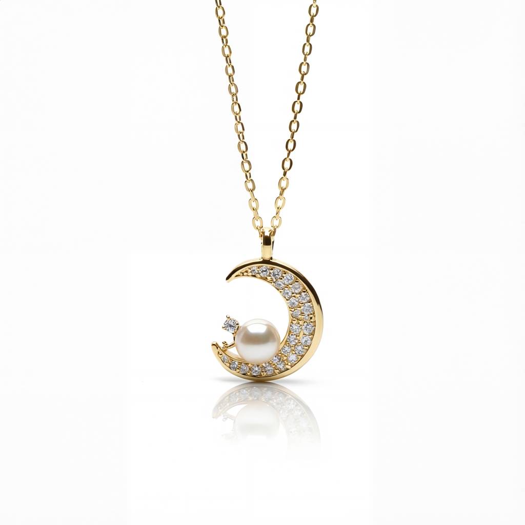 Korean Dreamer Crescent Moon & Pearl Necklace : YUFSNL215-YG