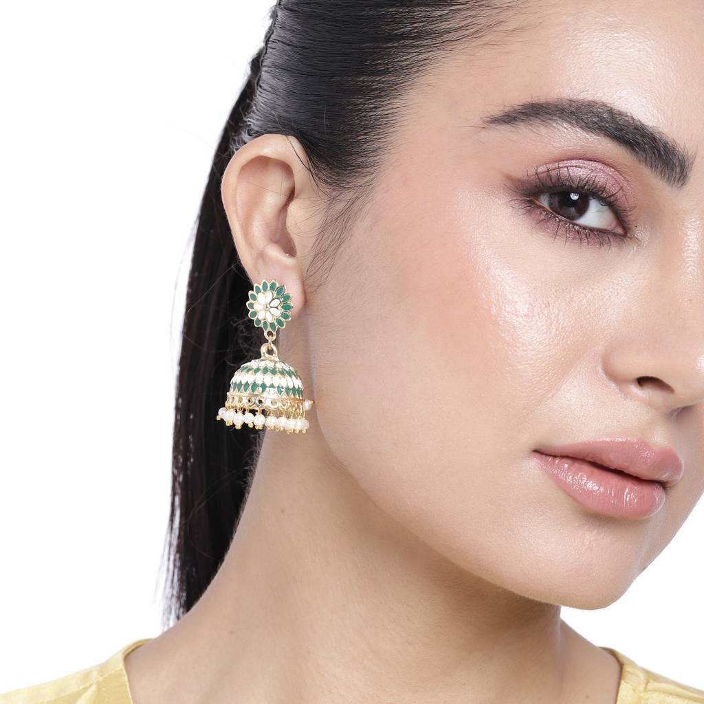 Estele Gold Tone Traditional Green Meenakari Jhumki Earrings With Pearls For Women : 798701-IG-CER