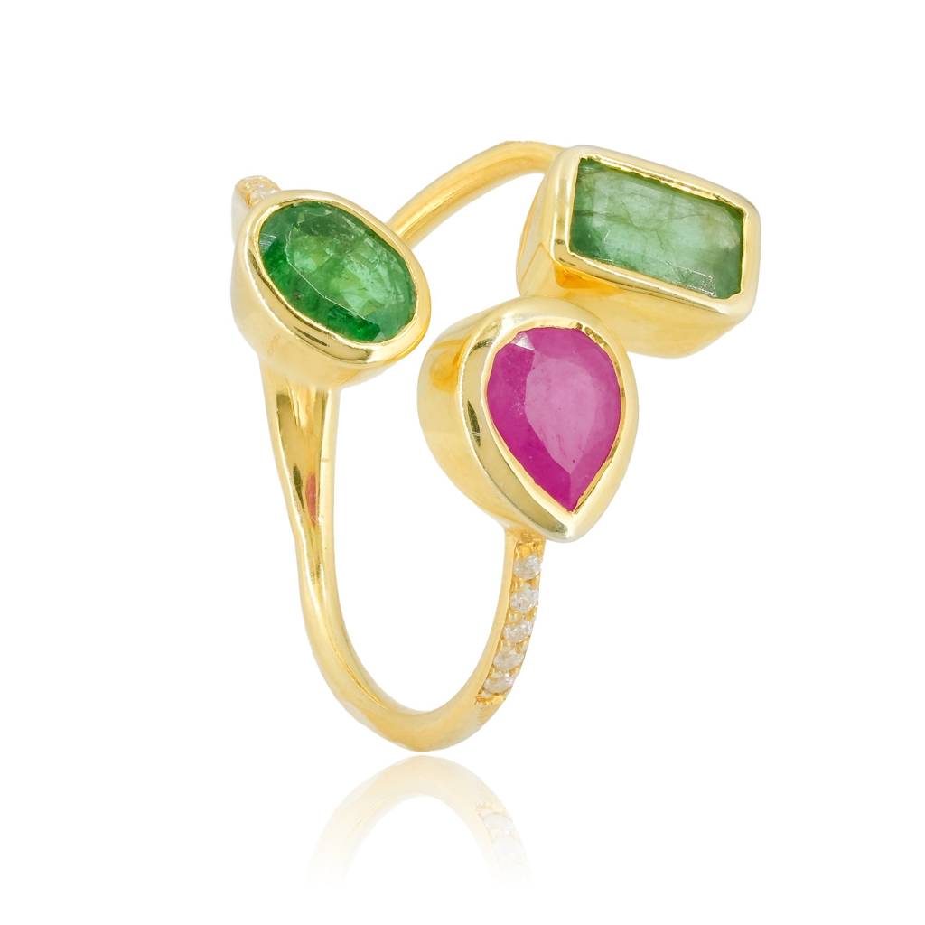 Emerald & Ruby Trio Adjustable Ring With Cz Detailing In 18K Gold-Plated 925 Silver : RG0008