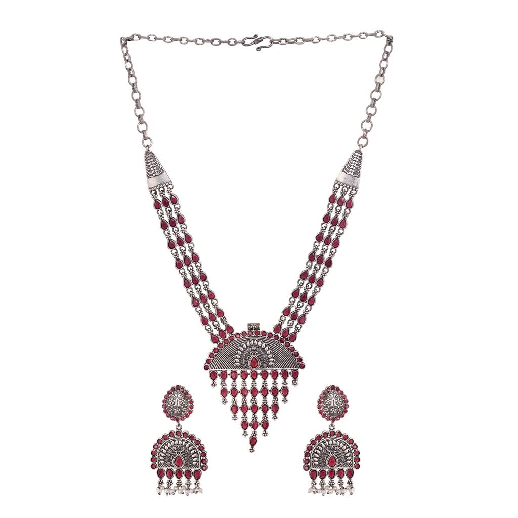 Oxidised Silver Toned Red Stone Studded Tribal Necklace Jewellery Set : SJNK1500