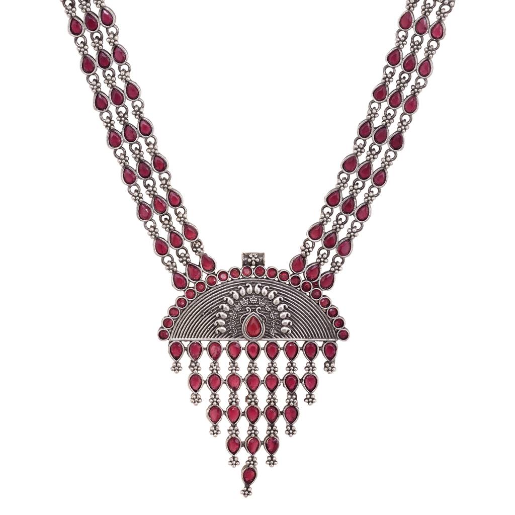 Oxidised Silver Toned Red Stone Studded Tribal Necklace Jewellery Set : SJNK1500
