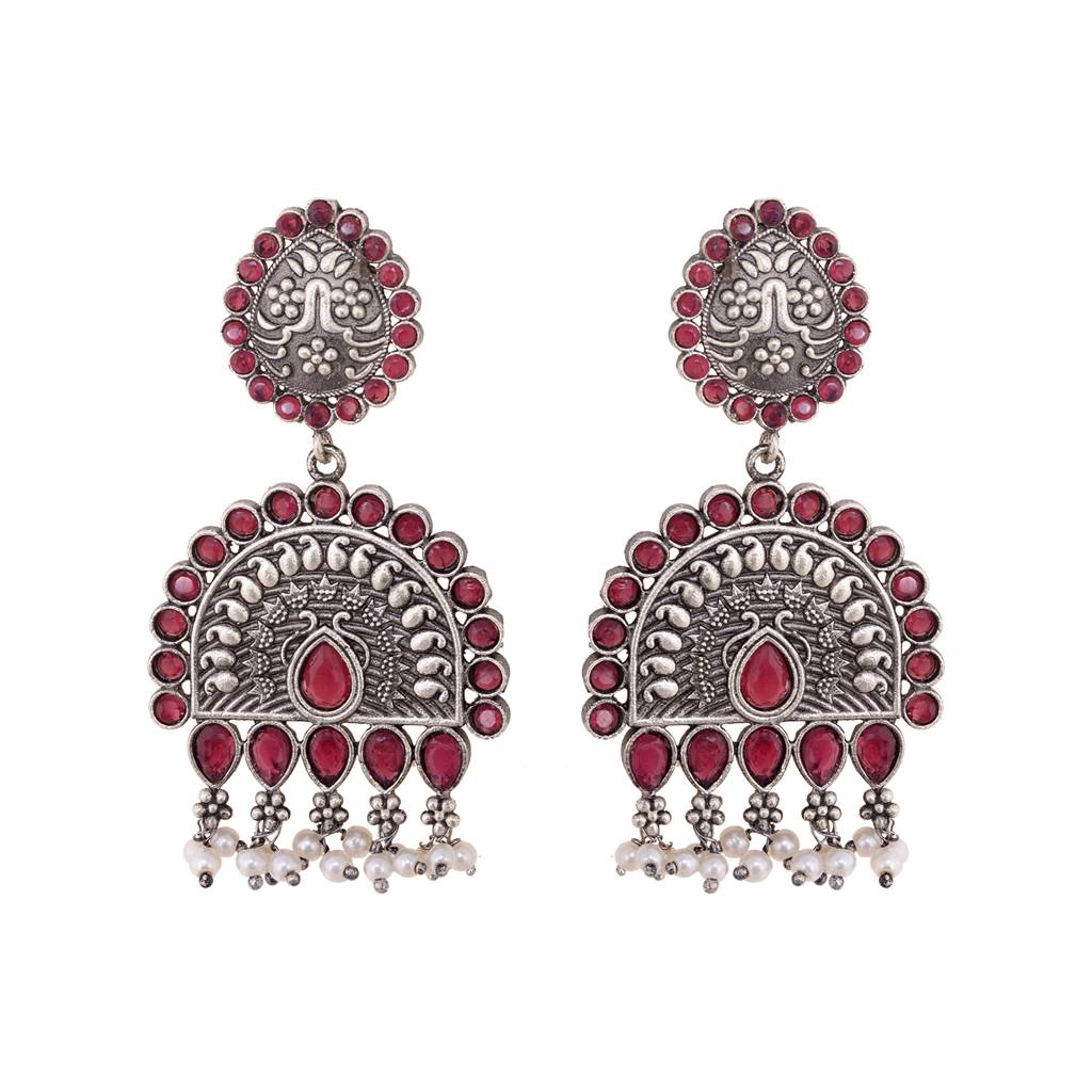 Oxidised Silver Toned Red Stone Studded Tribal Necklace Jewellery Set : SJNK1500