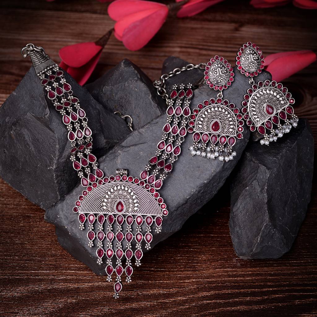 Oxidised Silver Toned Red Stone Studded Tribal Necklace Jewellery Set : SJNK1500