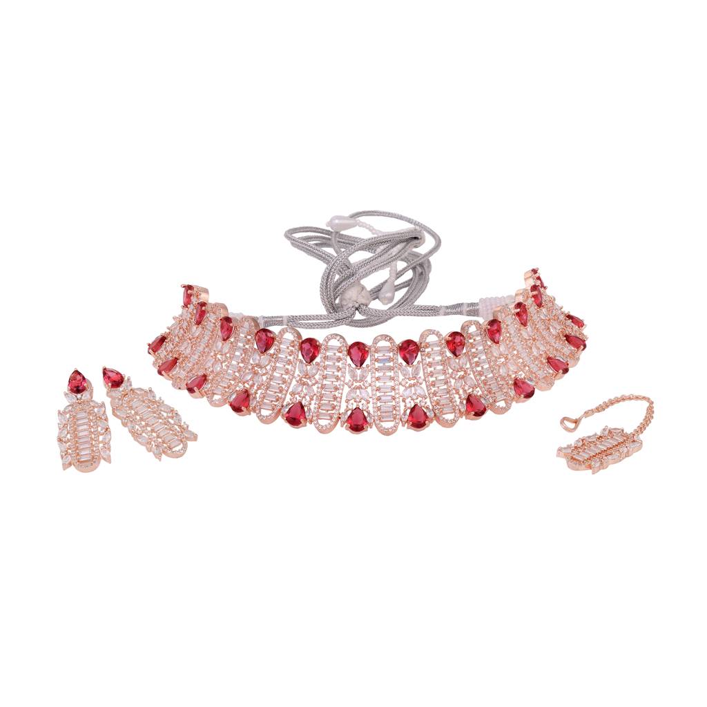 Rose Gold Plated Red & White Ad Studded Choker With  Tika  Jewellery Set : SJNK1501