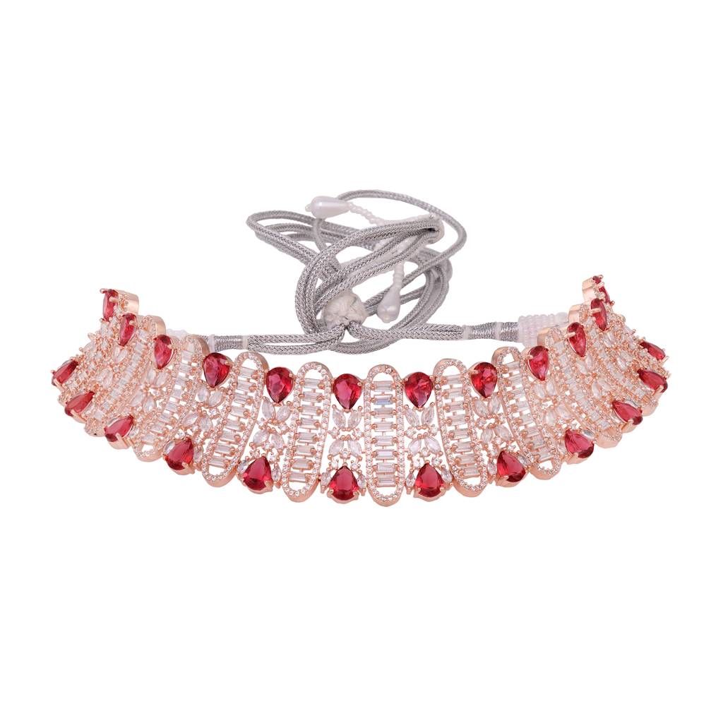 Rose Gold Plated Red & White Ad Studded Choker With  Tika  Jewellery Set : SJNK1501