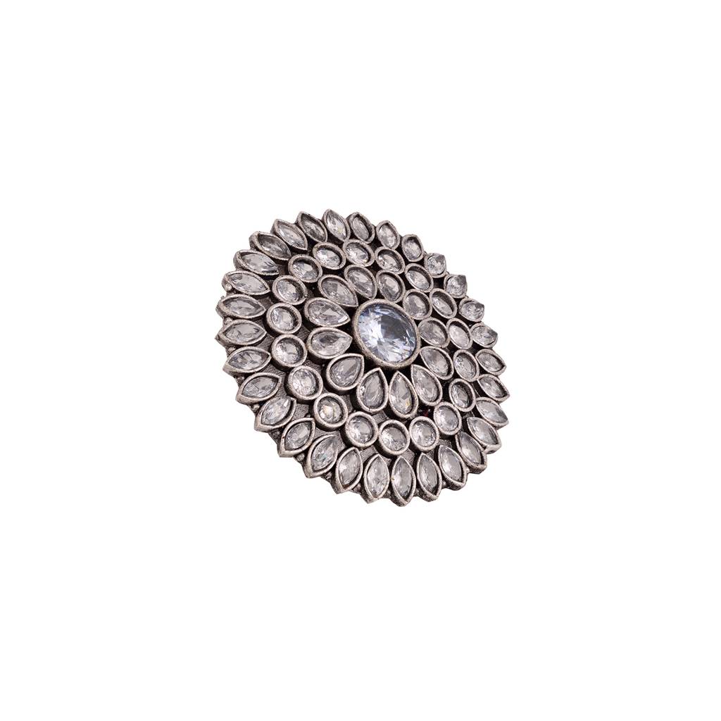 Oxidised Silver Plated White Stone Studded Cocktail Finger Ring : SJRG1502