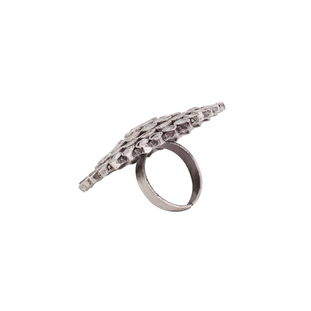 Oxidised Silver Plated White Stone Studded Cocktail Finger Ring : SJRG1502
