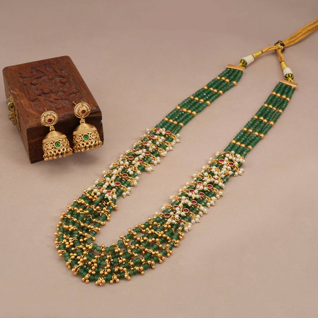 Long Emerald Green Stone Pearl Drop Gold Plated Necklace Set : SJ202