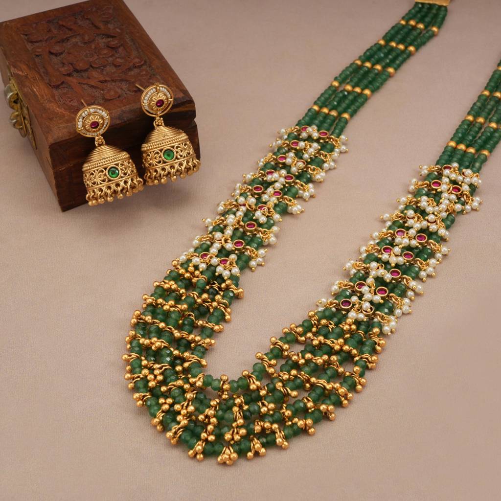 Long Emerald Green Stone Pearl Drop Gold Plated Necklace Set : SJ202