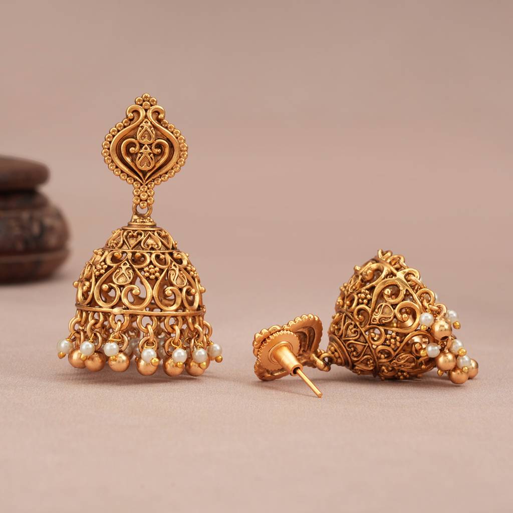 Cute Antique Gold Carved Pearl Dop Jhumka Earring : SJ203