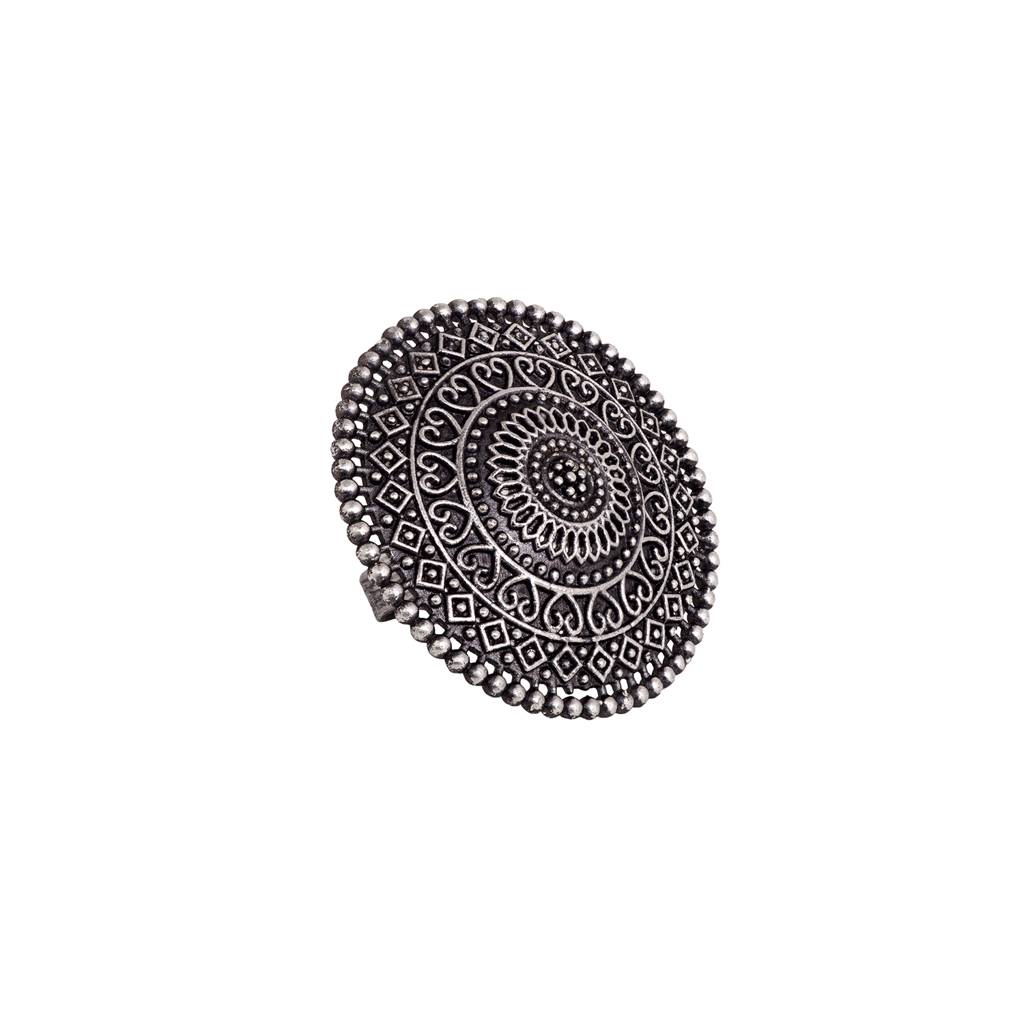 Silver Oxidised Plated Filigree Cocktail Finger Ring : SJRG1505