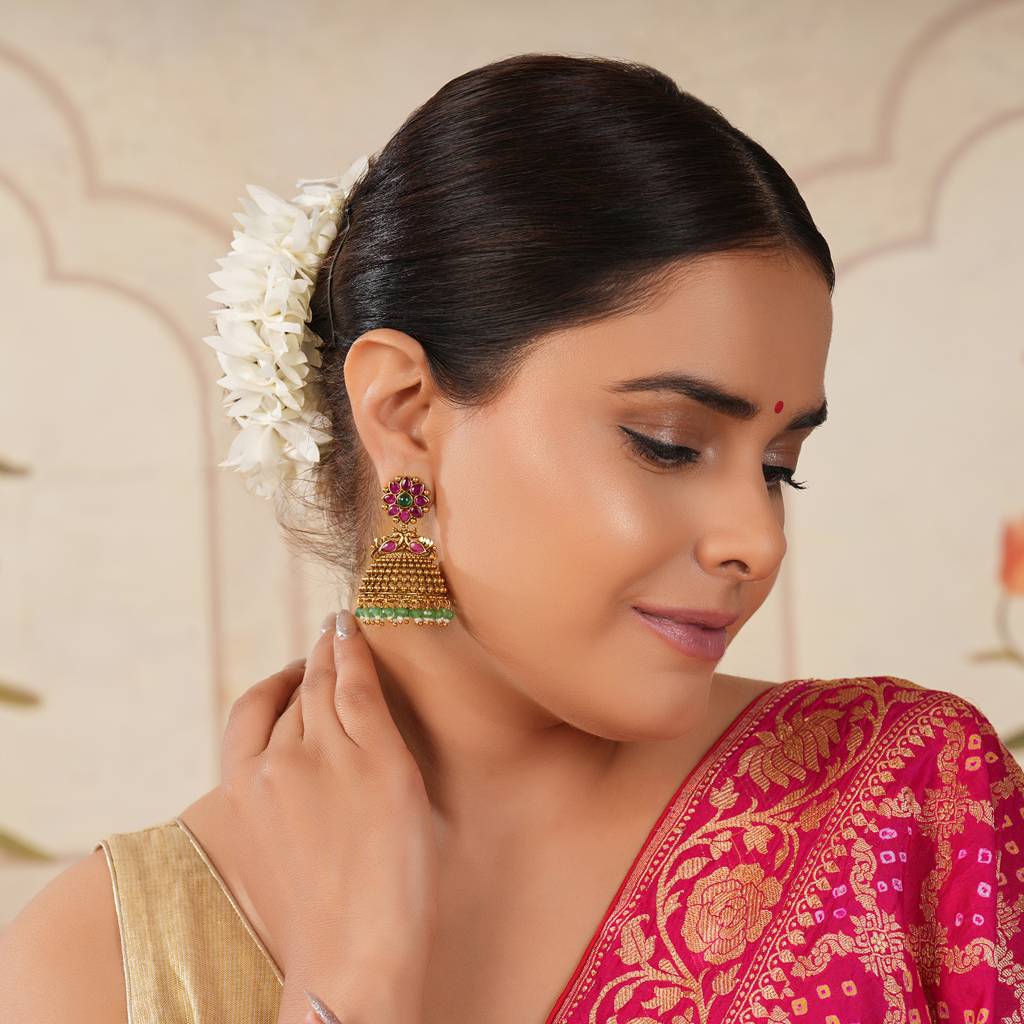 Stunning Ruby Stone Antique Gold Plated Jhumka Earring : SJ207