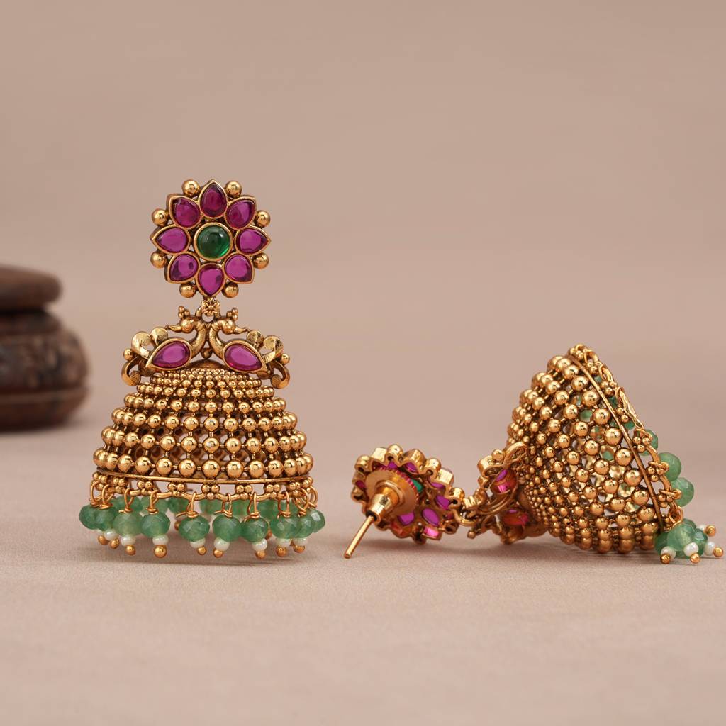 Stunning Ruby Stone Antique Gold Plated Jhumka Earring : SJ207