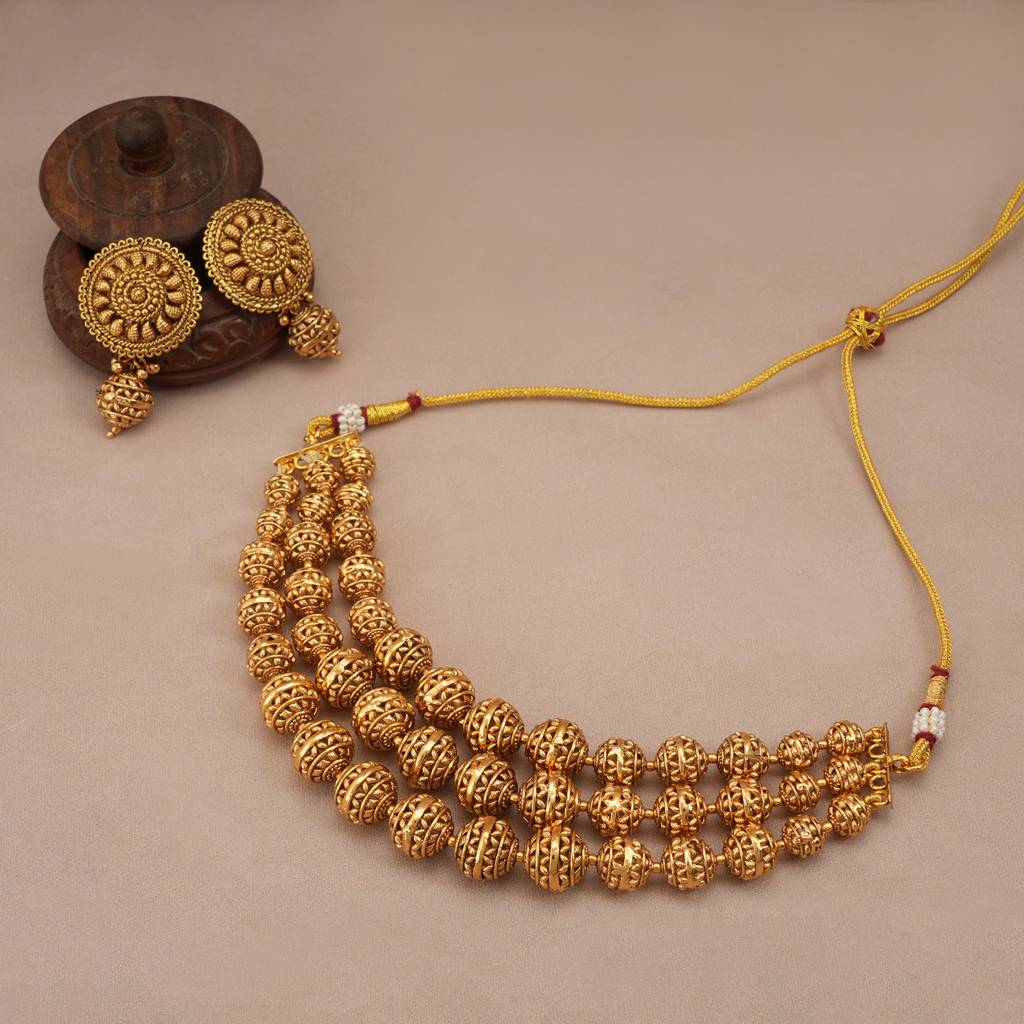 Stunning Plain Antique Gold Ball Layer Choker Set : SJ208