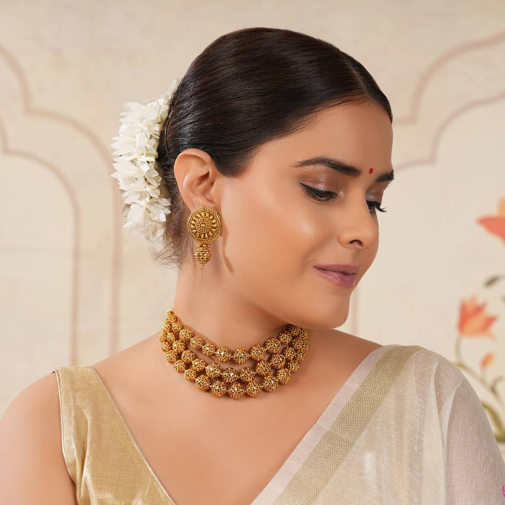 Stunning Plain Antique Gold Ball Layer Choker Set : SJ208