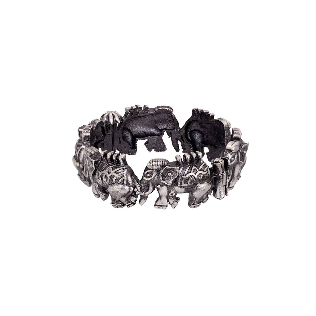 Oxidised Silver Toned Elephant Design Tribal Kada Bracelet : SJBR1511