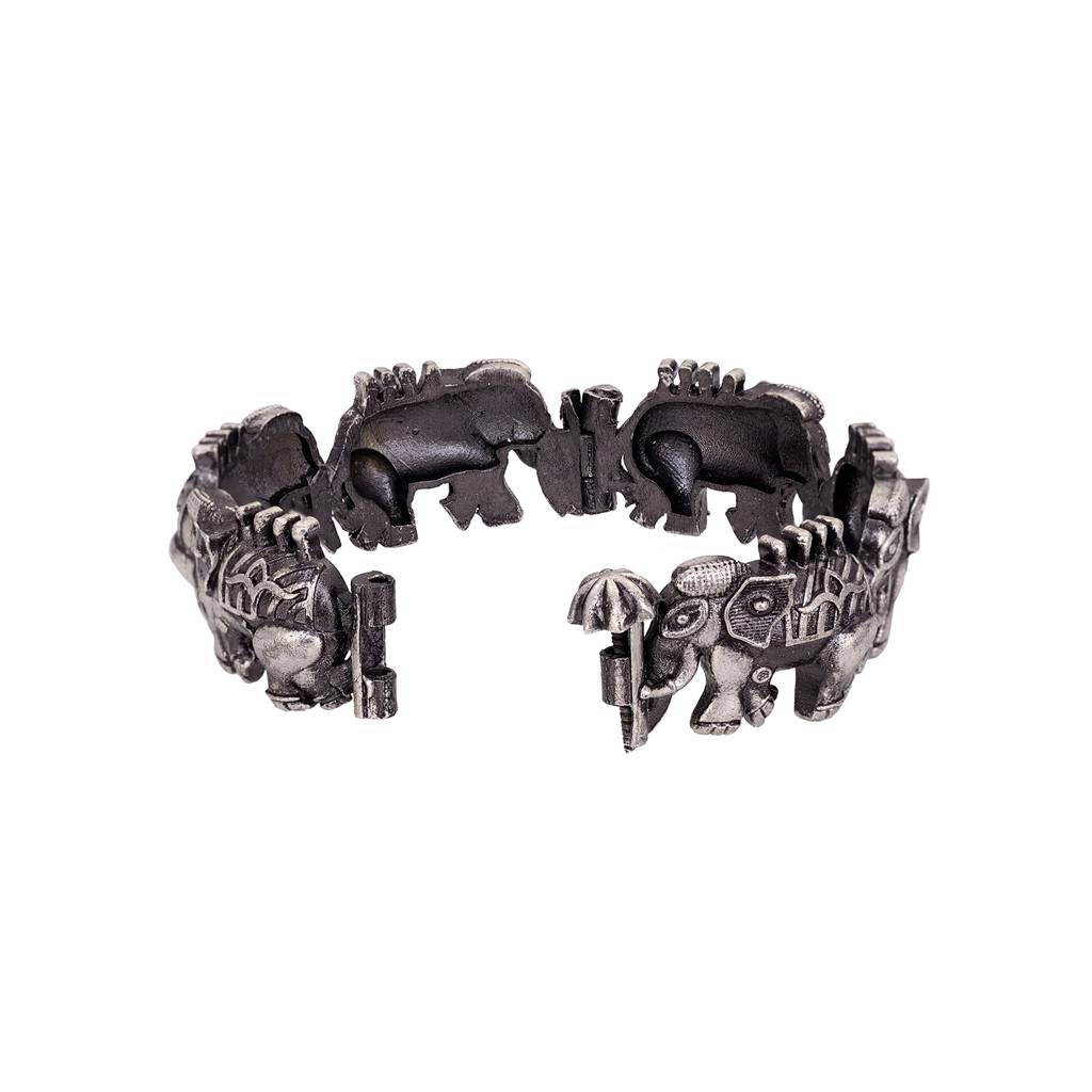 Oxidised Silver Toned Elephant Design Tribal Kada Bracelet : SJBR1511