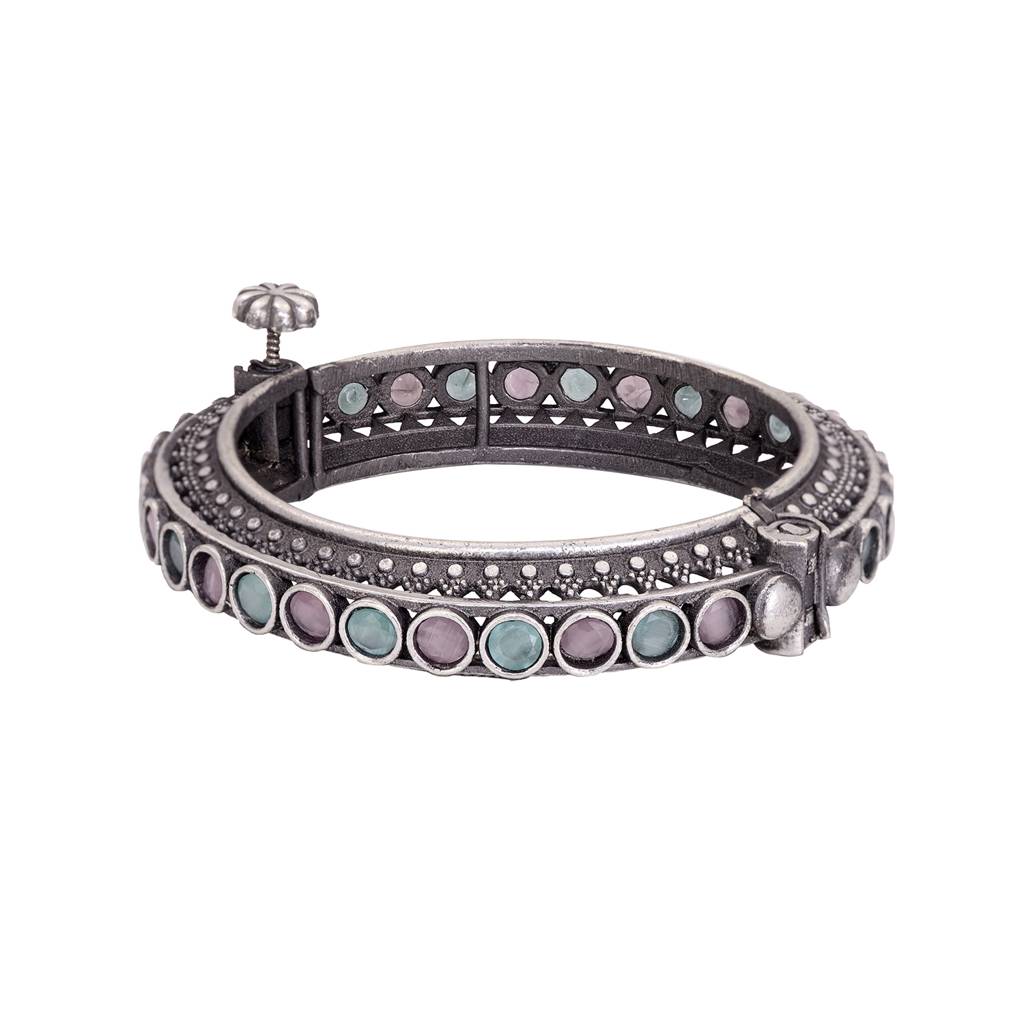 Oxidised Silver Toned Pink Mint Stone Studded Openable Kada Bracelet : SJBR1512