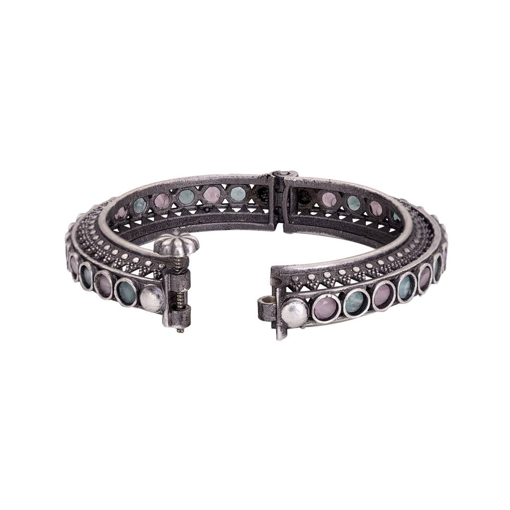 Oxidised Silver Toned Pink Mint Stone Studded Openable Kada Bracelet : SJBR1512