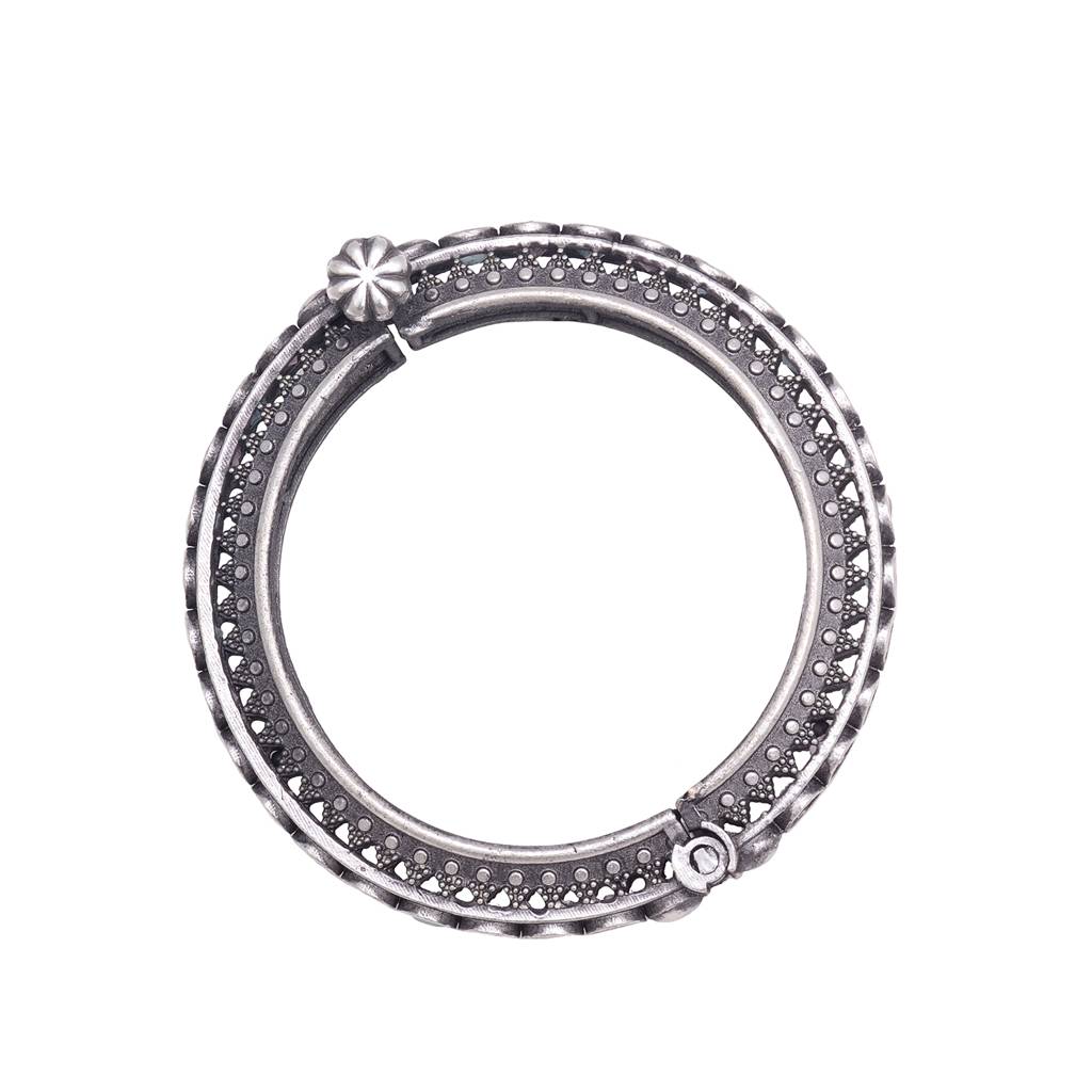 Oxidised Silver Toned Pink Mint Stone Studded Openable Kada Bracelet : SJBR1512