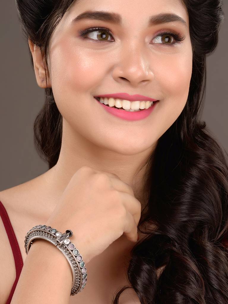 Oxidised Silver Toned Pink Mint Stone Studded Openable Kada Bracelet : SJBR1512