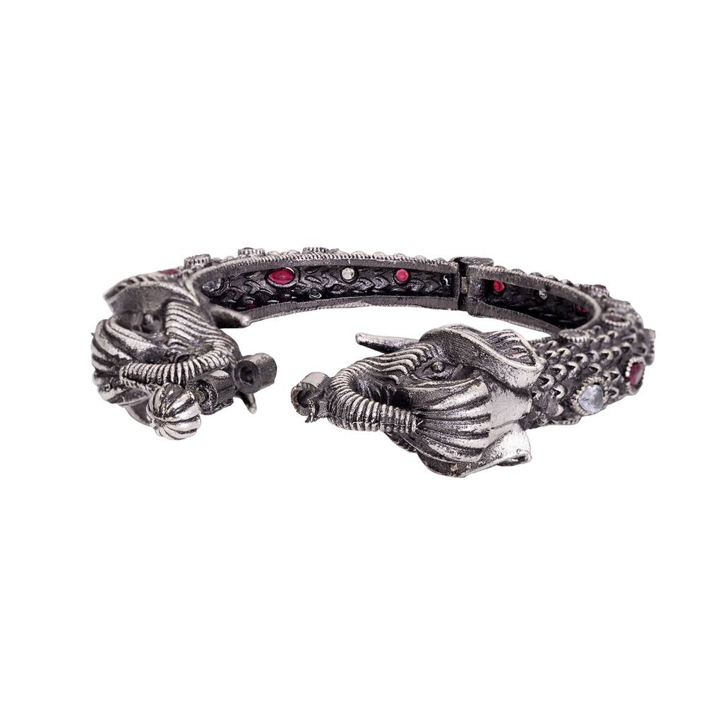 Oxidised Silver Toned Antique Elephant Motif Kada Bracelet : SJBR1513