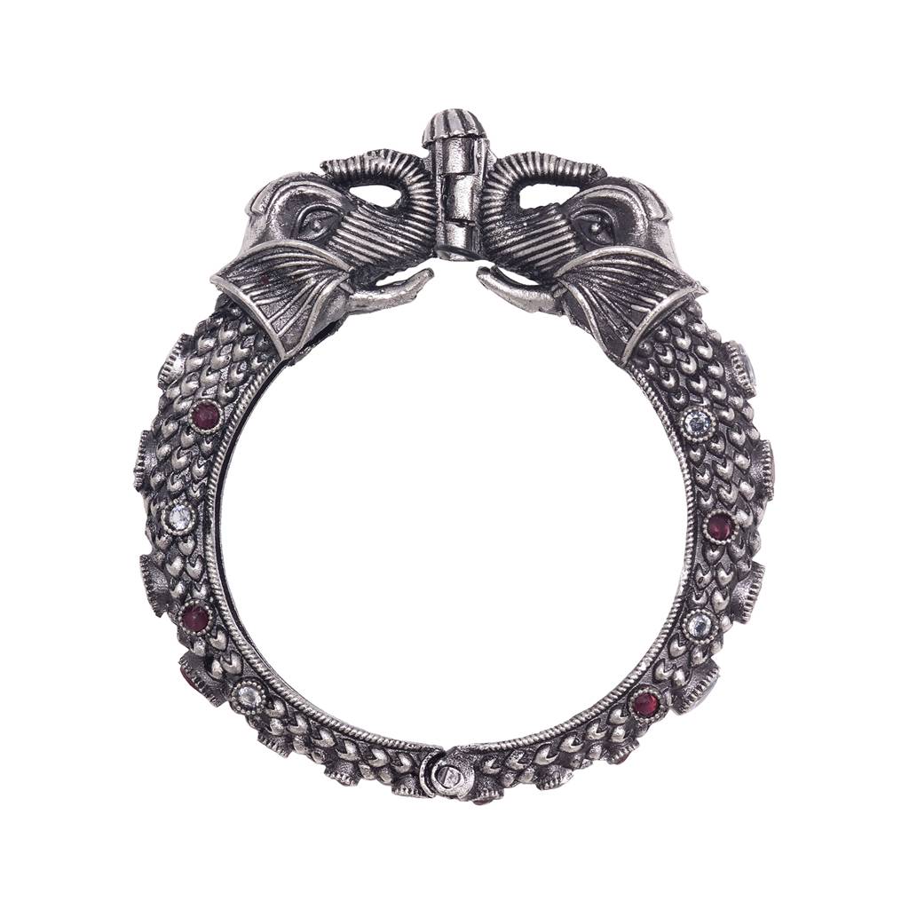 Oxidised Silver Toned Antique Elephant Motif Kada Bracelet : SJBR1513