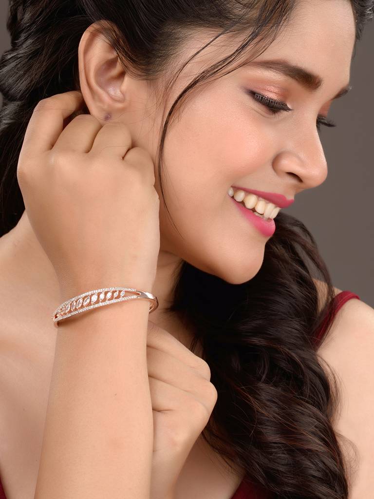 Rose Gold Plated White Ad Studded Delicate Bracelet : SJBR1514